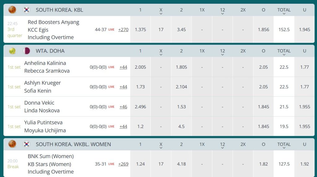 Live betting section showcasing dynamic odds updates & markets selection.