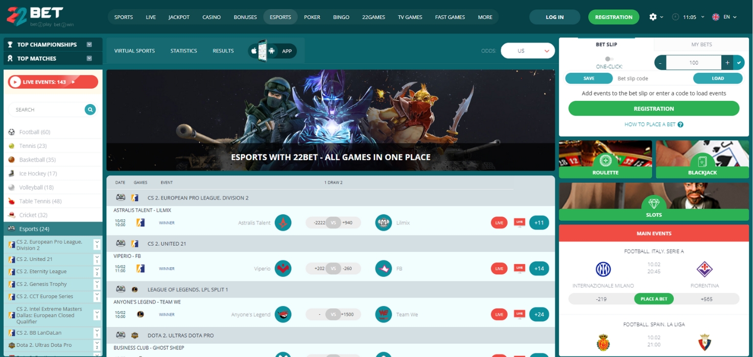 Esports betting page on 22Bet with live odds for tournaments.