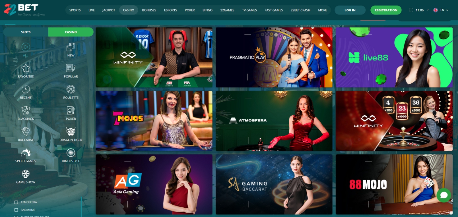 Live casino games at 22Bet, featuring live roulette, blackjack, and baccarat options.