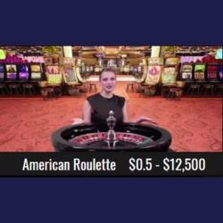 A professional dealer hosting American Roulette in a vibrant casino backdrop.