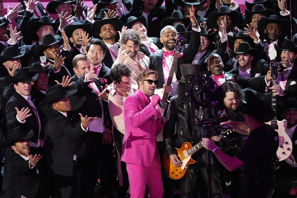 Ryan Gosling performing a song from Barbie at the Oscars.