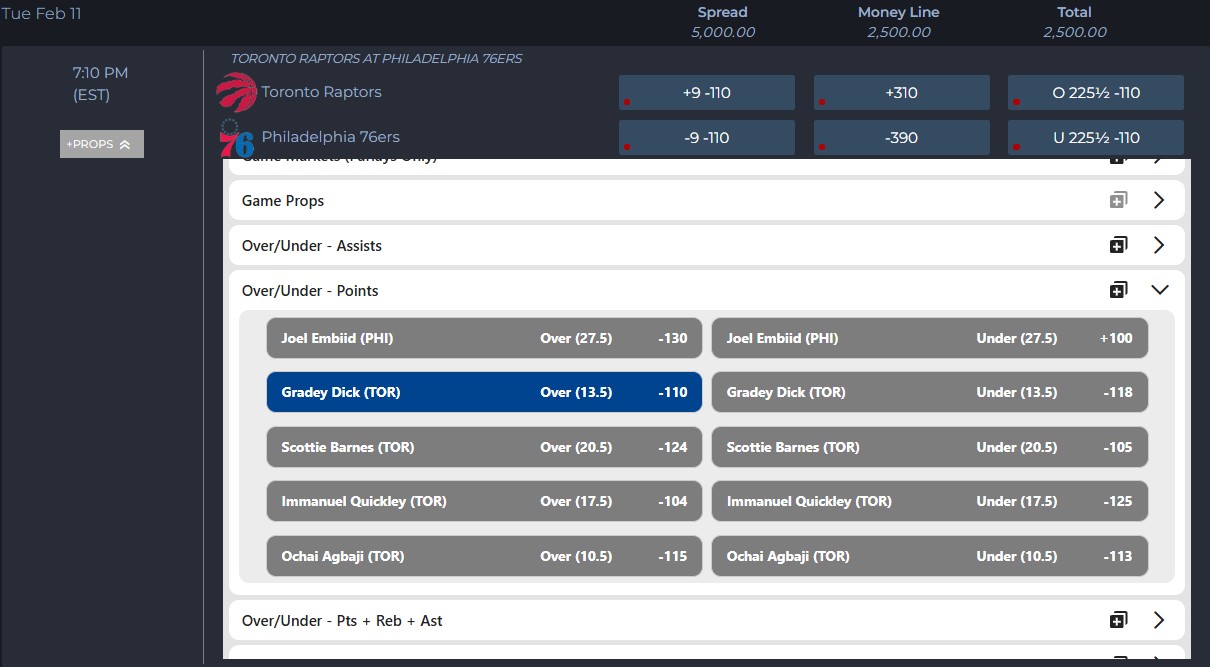 NBA prop bets for the Toronto Raptors vs Philadelphia 76ers game, with a $10 wager on Gradey Dick scoring over 14 points at -110 for a $19.10 payout.