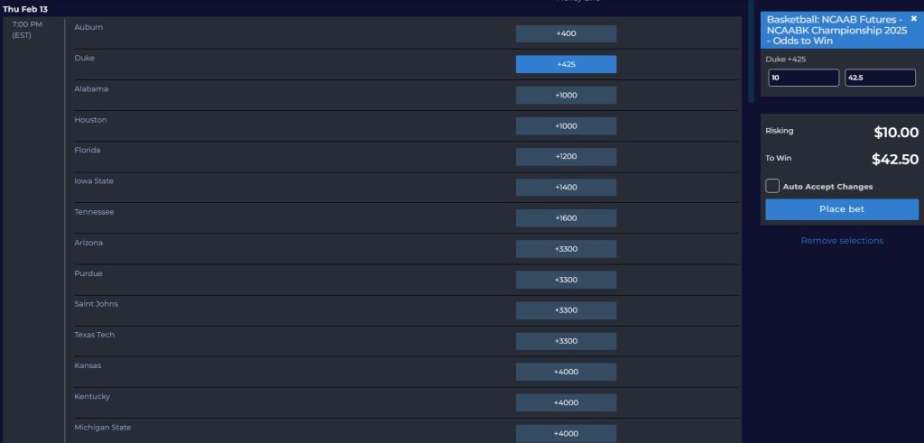 NCAAB Futures betting page on BetAnySports featuring teams and corresponding odds for the 2024–25 March Madness Championship.