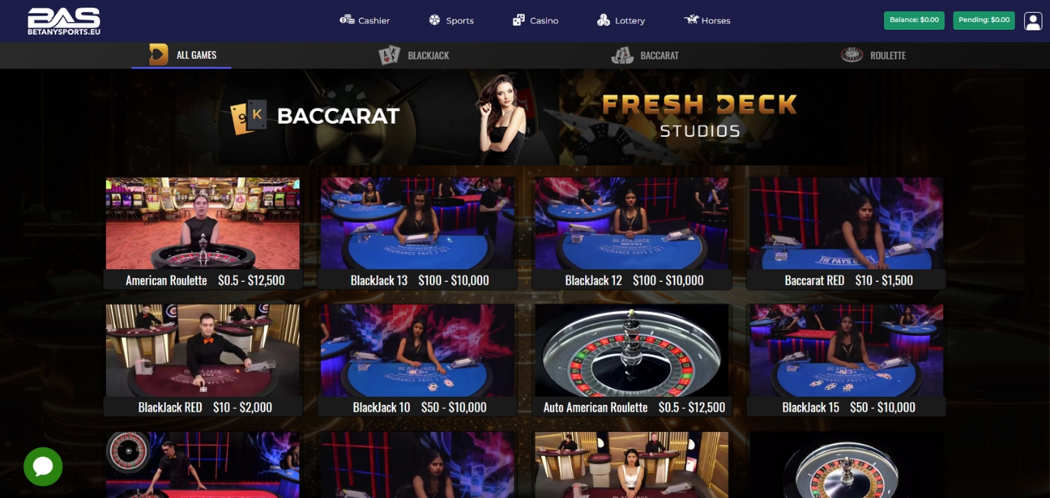 The European Live Casino interface at BetAnySports, featuring real-time roulette games with professional dealers for an immersive casino experience.