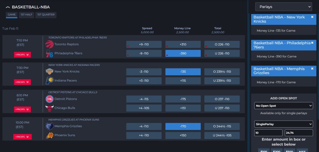 The NBA playoff betting page on BetAnySports displaying moneyline odds for multiple teams and a three-game parlay bet slip.