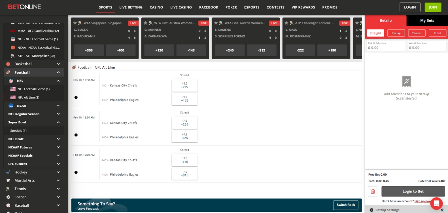 BetOnline NFL Super Bowl alternative lines