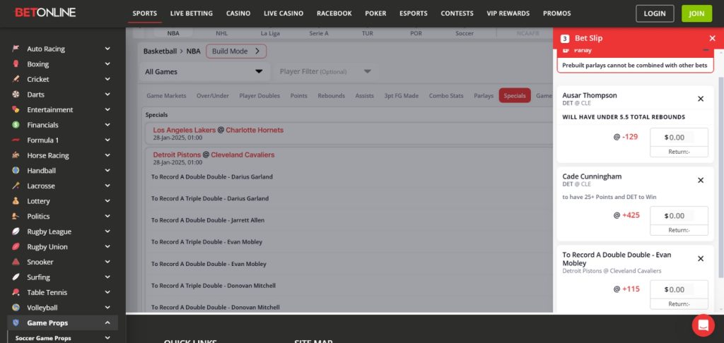 BetOnline Prop Builder.