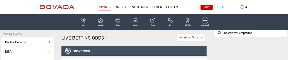 Bovada Sportsbook interface