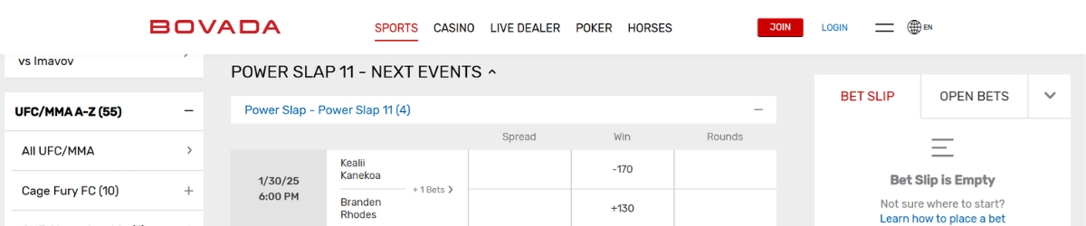 Bovada Power Slap Betting Site
