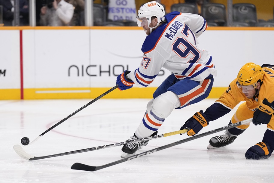 Connor McDavid makes a play against the Nashville Predators.