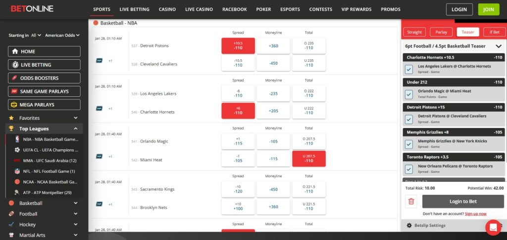 Creating NBA teasers at BetOnline.