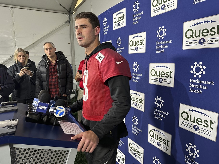 Daniel Jones addresses the media