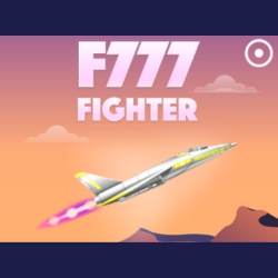F777 Fighter game card showcasing a fighter jet soaring through a sunset sky with a vibrant jet trail.