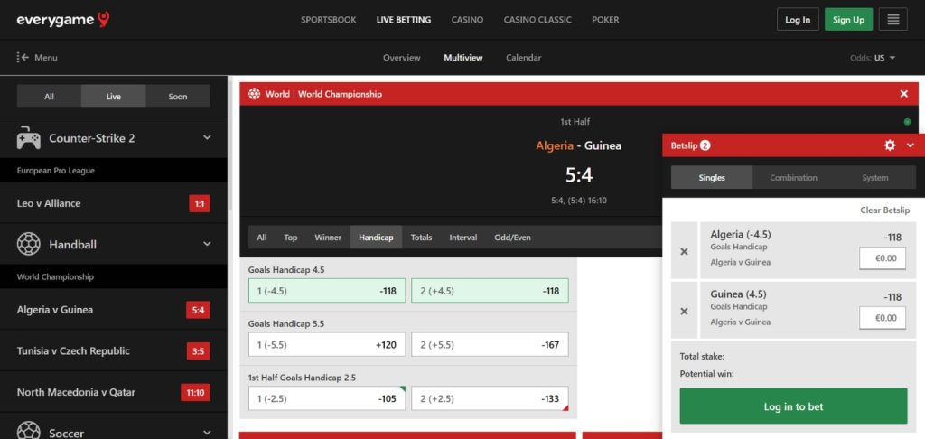 Handicap betting options for Algeria vs. Guinea handball game.