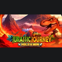 A prehistoric adventure slot with towering dinosaurs and a volcano backdrop.