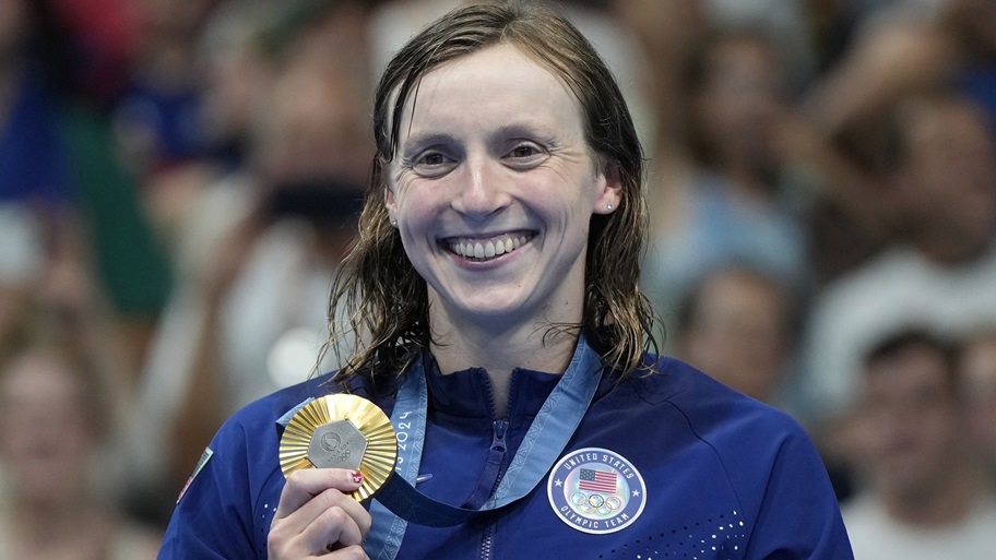 Katie Ledecky celebrates another gold medal.