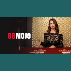 A professional live dealer hosting a luxurious baccarat table under the 88 Mojo banner.