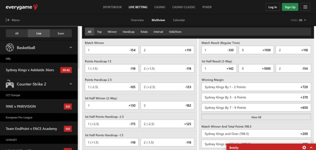 Live betting options for the Sydney Kings vs. Adelaide 36ers ub the Australian National Basketball League.