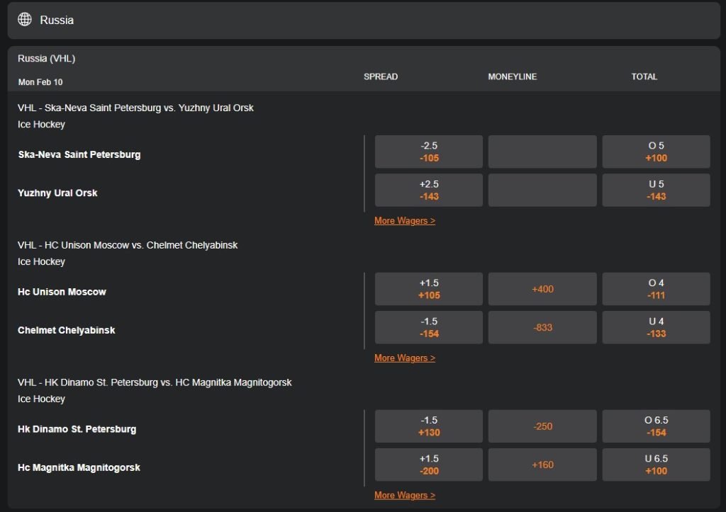 MyBookie’s live betting page, featuring odds for the Russian VHL ice hockey league.