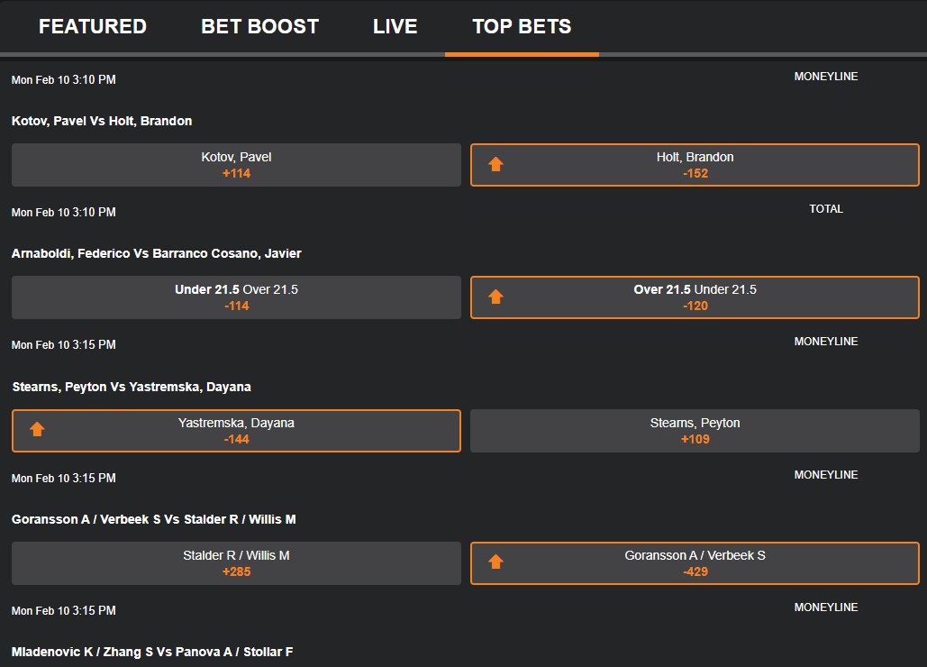 MyBookie’s Top Bets section, featuring popular wagers across global sports, with real-time odds and quick access to diverse betting opportunities.