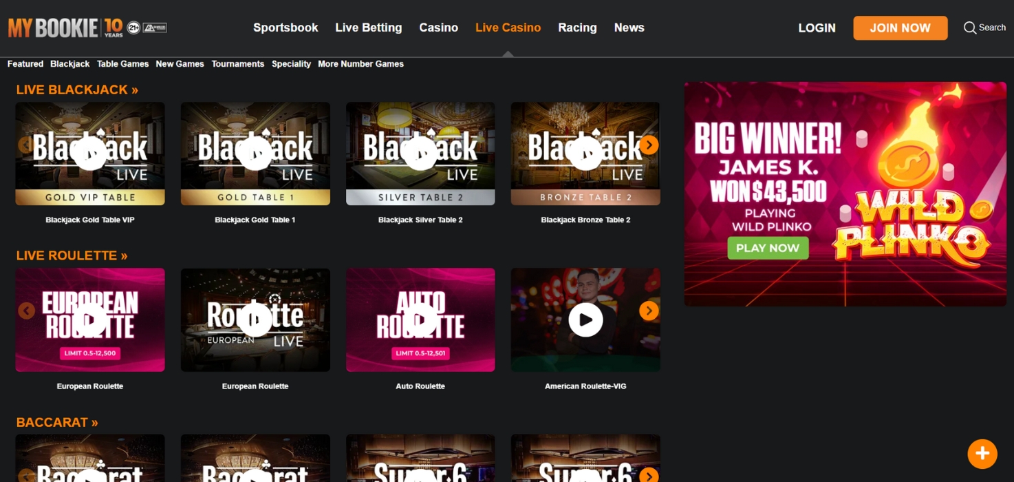 MyBookie live dealer casino lobby