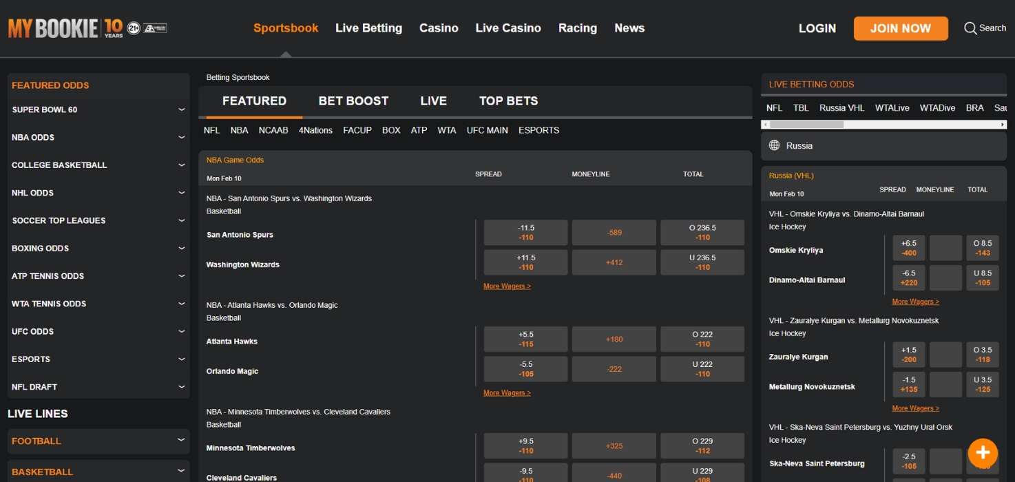 MyBookie sportsbook interface, including featured bets and live scores.