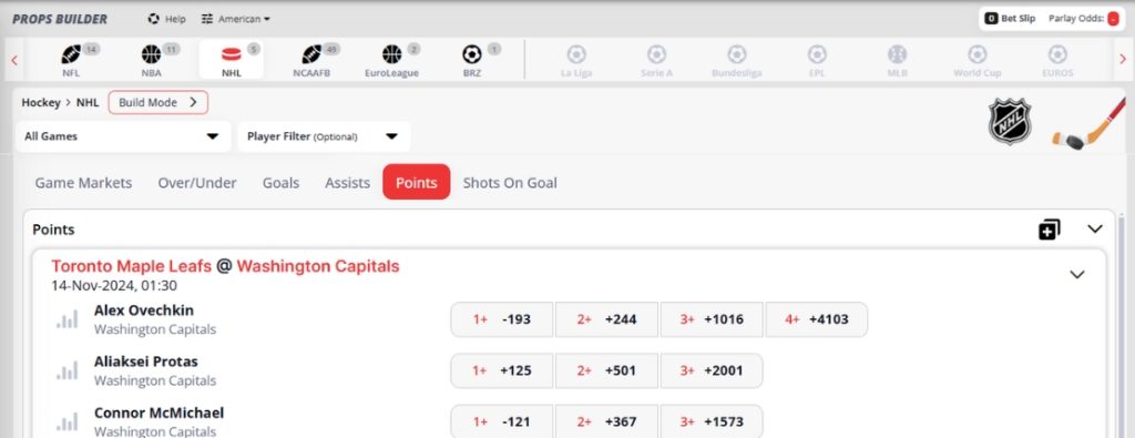 NHL prop builder feature at BetOnline