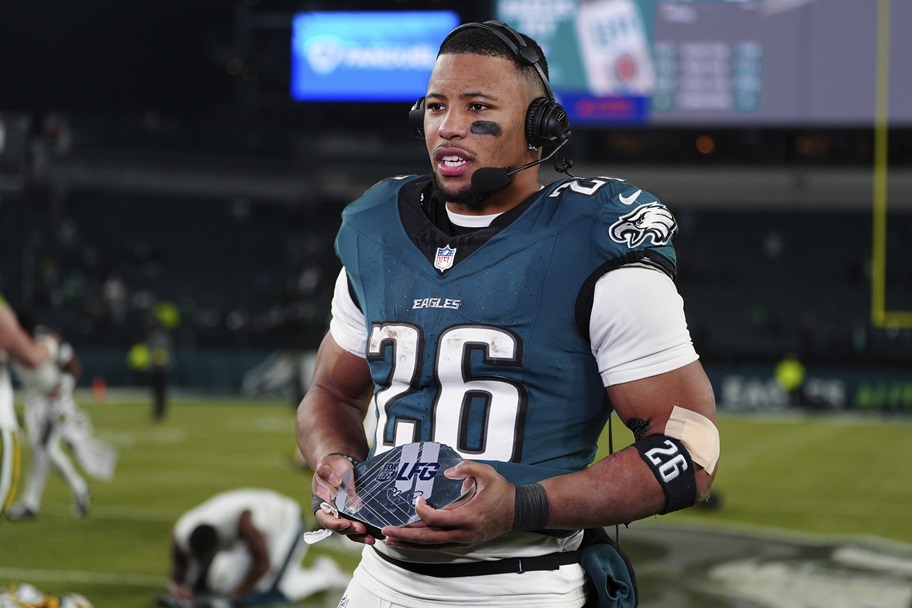 Saquon Barkley talks to the press after the Philadelphia Ragles beat the Green Bay Packers.