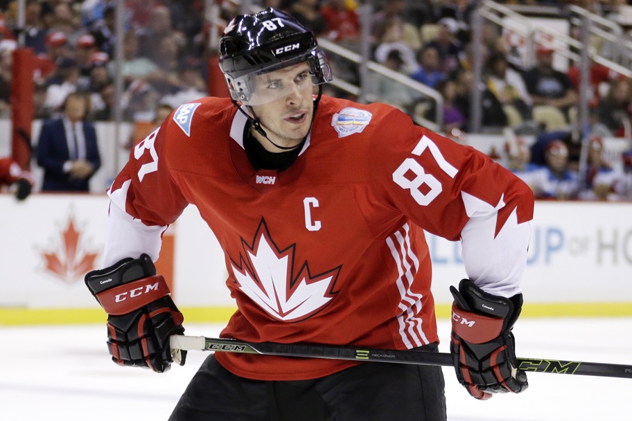 Sidney Crosby prepares to take a faceoff for Canada.