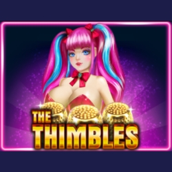 The Thimbles game featuring a colorful character surrounded by sparkling gold thimbles, offering an arcade-style experience.