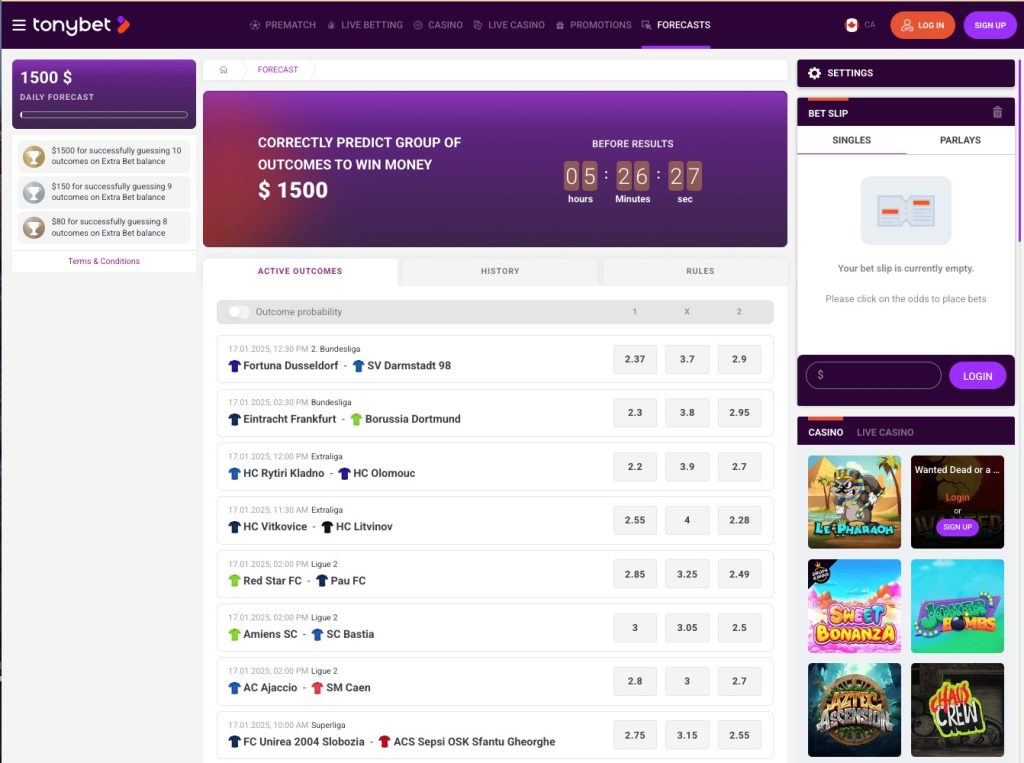 Forecast betting contest at TonyBet.