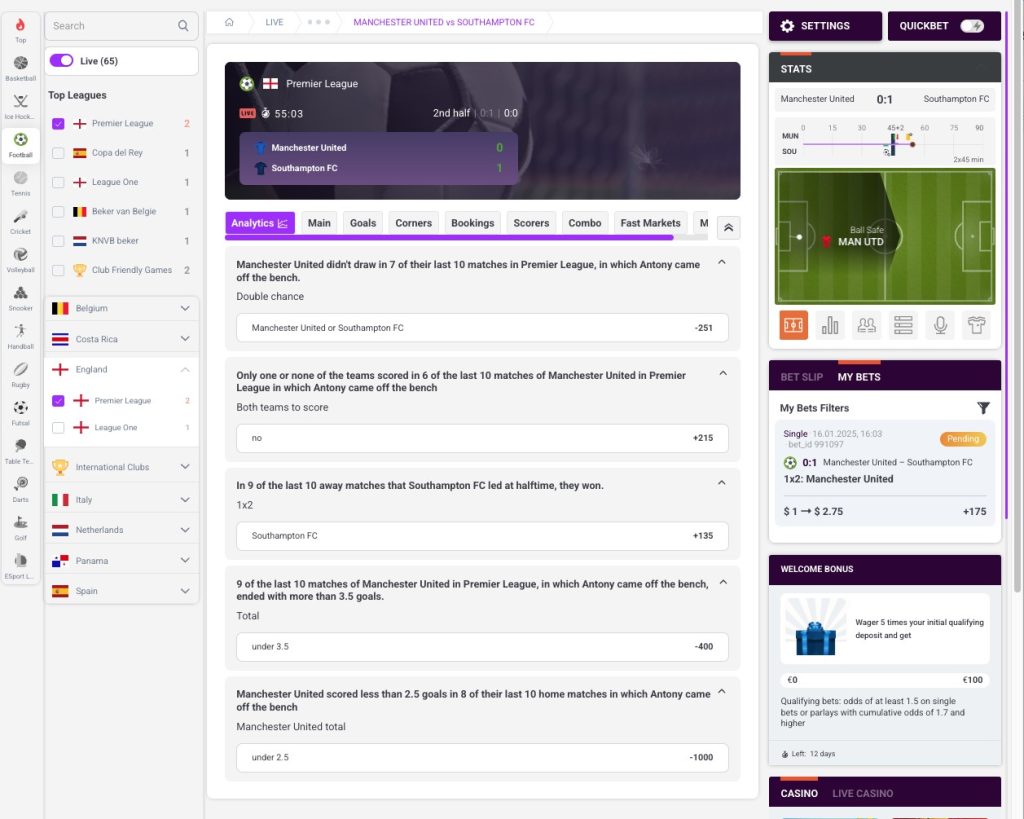 Live betting soccer at TonyBet with in-game analytics.