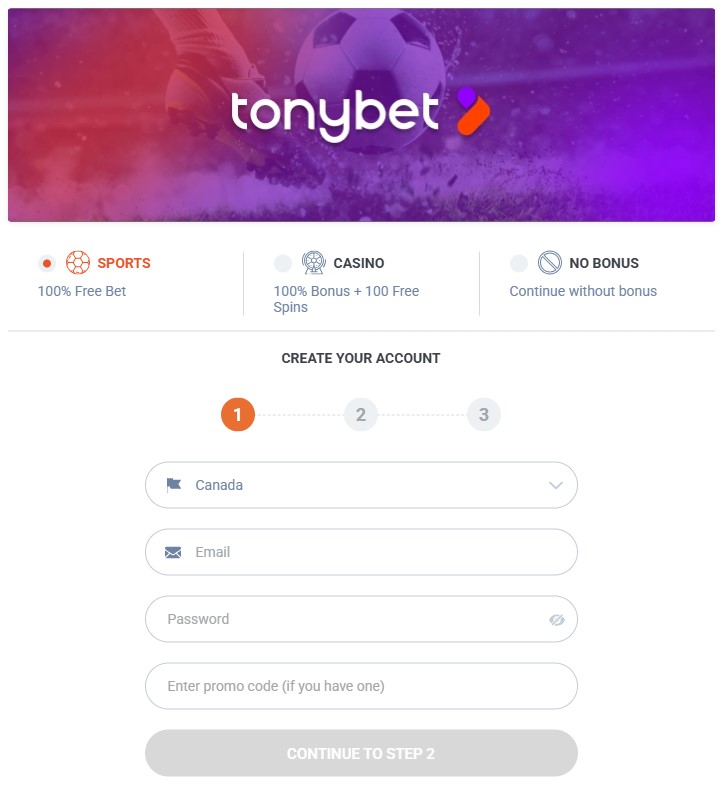 TonyBet Registration