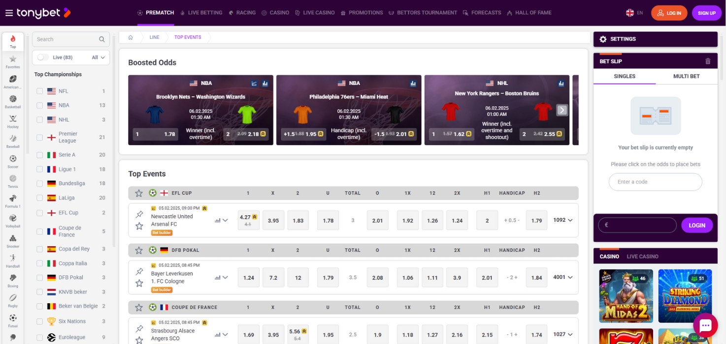 TonyBet Sportsbook homepage