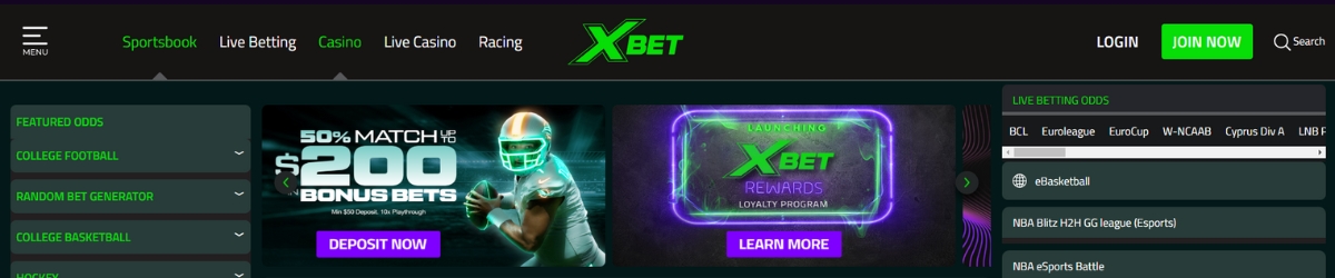 XBet sportsbook interface